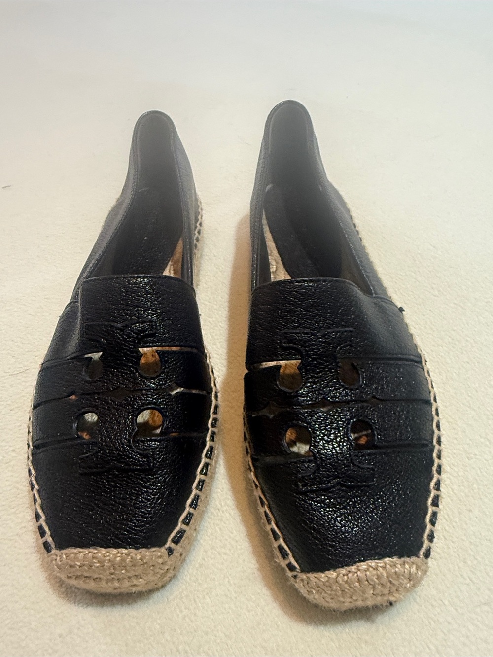Tory Burch Black Leather Cutout Espadrille Loafers Never Worn